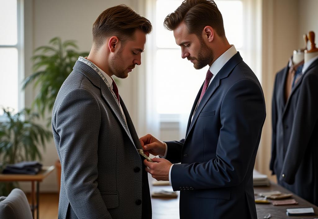 明るいスタジオでクライアントの身体を細かく採寸している職人の姿